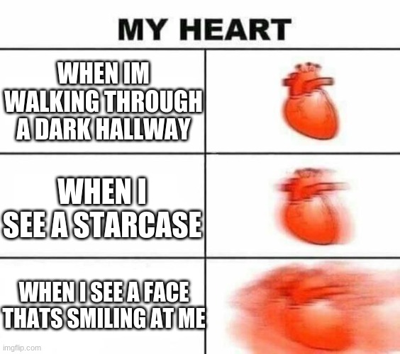 My heart blank | WHEN IM WALKING THROUGH A DARK HALLWAY; WHEN I SEE A STARCASE; WHEN I SEE A FACE THATS SMILING AT ME | image tagged in my heart blank | made w/ Imgflip meme maker
