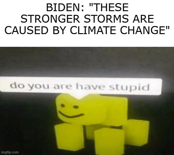 Joe Biden is literally a dumb clown *Insert clown noises* | BIDEN: "THESE STRONGER STORMS ARE CAUSED BY CLIMATE CHANGE" | image tagged in do you are have stupid,memes,biden | made w/ Imgflip meme maker