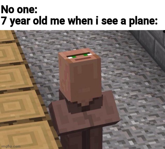 When I say 7 years old, I mean 7 years ago. Please don't try to restart the drama with words like you're still 7 years old. | No one:
7 year old me when i see a plane: | image tagged in villager looking up,memes,funny,minecraft | made w/ Imgflip meme maker