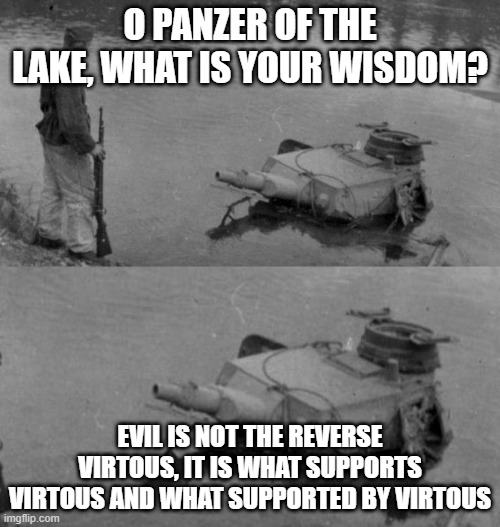 Evil and Good | O PANZER OF THE LAKE, WHAT IS YOUR WISDOM? EVIL IS NOT THE REVERSE VIRTOUS, IT IS WHAT SUPPORTS VIRTOUS AND WHAT SUPPORTED BY VIRTOUS | image tagged in panzer of the lake | made w/ Imgflip meme maker