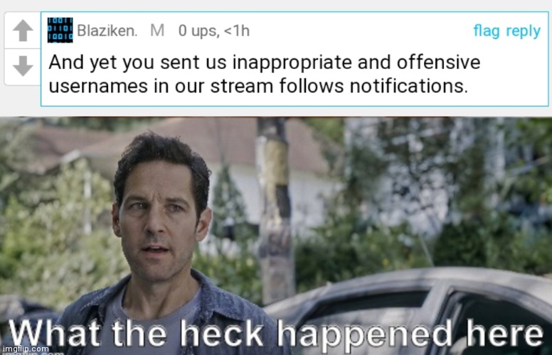 I'm just making memes. What name are you talking about? | image tagged in antman what the heck happened here | made w/ Imgflip meme maker