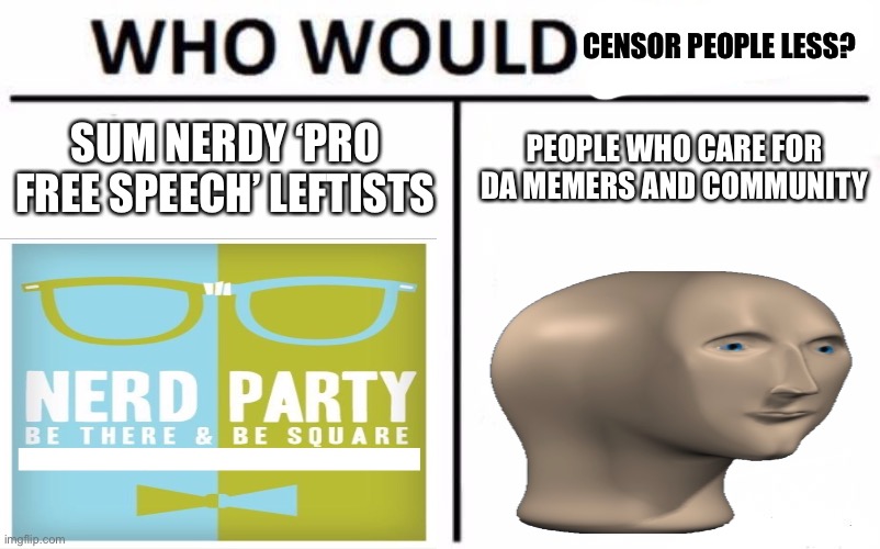 Who Would Win? Meme | CENSOR PEOPLE LESS? SUM NERDY ‘PRO FREE SPEECH’ LEFTISTS; PEOPLE WHO CARE FOR DA MEMERS AND COMMUNITY | image tagged in memes,who would win | made w/ Imgflip meme maker