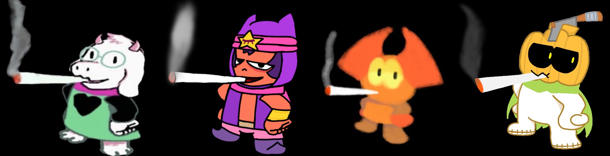 The gang.. so far. | image tagged in ralsei smoking weed,sandy smokes a fat blunt,dabbo smoking a blunt,pumpkinmon smoking a fat blunt | made w/ Imgflip meme maker