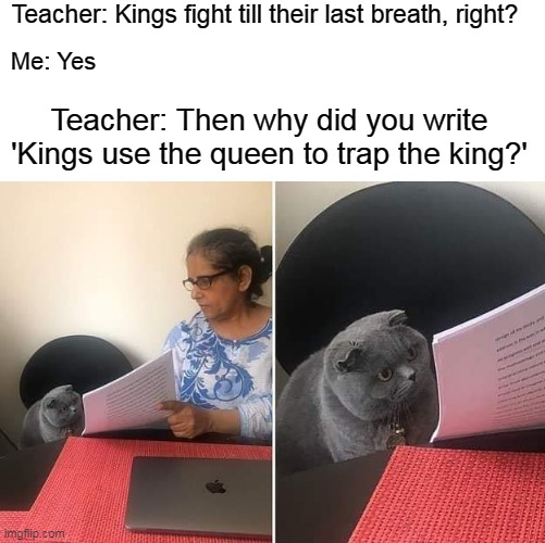 bad meme | Teacher: Kings fight till their last breath, right? Me: Yes; Teacher: Then why did you write 'Kings use the queen to trap the king?' | image tagged in woman showing paper to cat | made w/ Imgflip meme maker