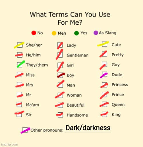 Small update on the one I did post once. You lot stay awesome, okay! | Dark/darkness | image tagged in pronouns sheet | made w/ Imgflip meme maker