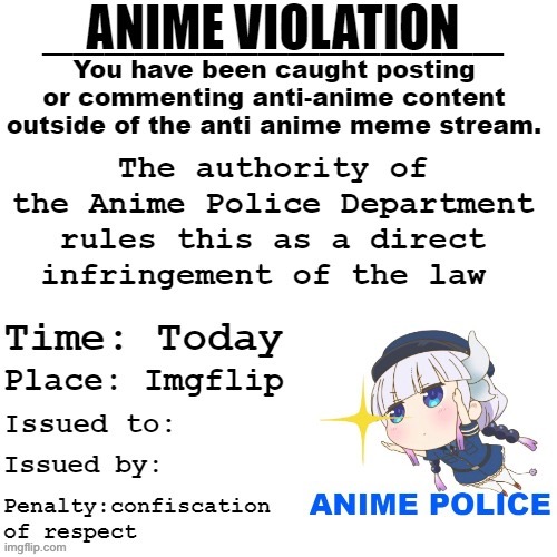 Official Anime Violation | image tagged in official anime violation | made w/ Imgflip meme maker