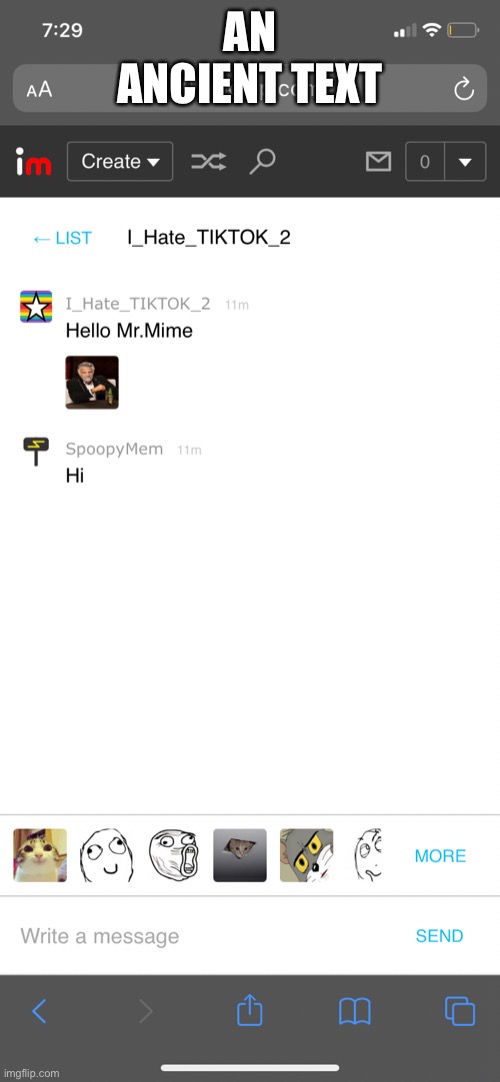 I_Hate_TIKTOK_2 and I chatting  They still live anti tik tok comrades | AN ANCIENT TEXT | made w/ Imgflip meme maker
