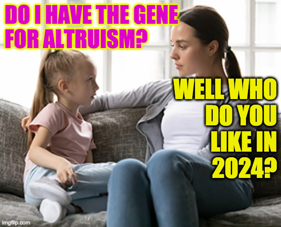 Make America Sane Again. | DO I HAVE THE GENE
FOR ALTRUISM? WELL WHO
DO YOU
LIKE IN
2024? | image tagged in mother daughter talk,memes,altruism,2024 election | made w/ Imgflip meme maker