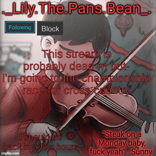 Lily's Sunny temp (thanks Wallhammer) | This stream is probably dead rn but-
I'm going to the championship race for cross country; I should be back in a few hours | image tagged in lily's sunny temp thanks wallhammer | made w/ Imgflip meme maker
