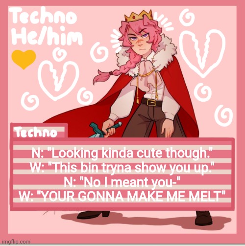 Technoblade | N: "Looking kinda cute though."
W: "This bin tryna show you up."
N: "No I meant you-"
W: "YOUR GONNA MAKE ME MELT" | image tagged in technoblade | made w/ Imgflip meme maker