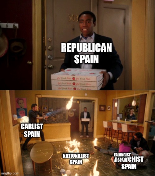 Community Fire Pizza Meme | REPUBLICAN SPAIN; CARLIST SPAIN; NATIONALIST SPAIN; FALANGIST SPAIN; ANARCHIST SPAIN | image tagged in community fire pizza meme,HOI4memes | made w/ Imgflip meme maker