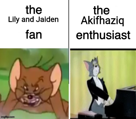 The rodent fan vs. The feline enthusiast | Akifhaziq; Lily and Jaiden | image tagged in the rodent fan vs the feline enthusiast | made w/ Imgflip meme maker