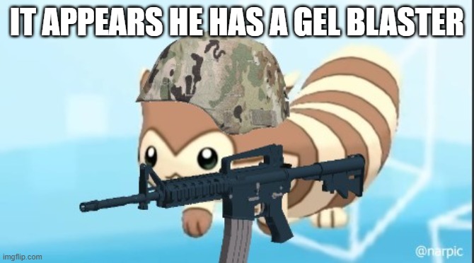 furret army | IT APPEARS HE HAS A GEL BLASTER | image tagged in furret army | made w/ Imgflip meme maker