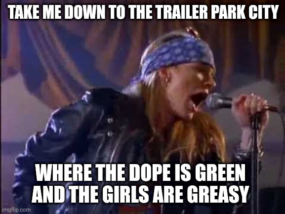 Paradise | TAKE ME DOWN TO THE TRAILER PARK CITY; WHERE THE DOPE IS GREEN AND THE GIRLS ARE GREASY | image tagged in axl rose,funny memes,lol so funny | made w/ Imgflip meme maker