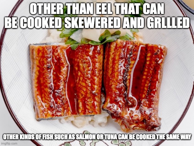 Kabayaki | OTHER THAN EEL THAT CAN BE COOKED SKEWERED AND GRLLLED; OTHER KINDS OF FISH SUCH AS SALMON OR TUNA CAN BE COOKED THE SAME WAY | image tagged in food,memes | made w/ Imgflip meme maker