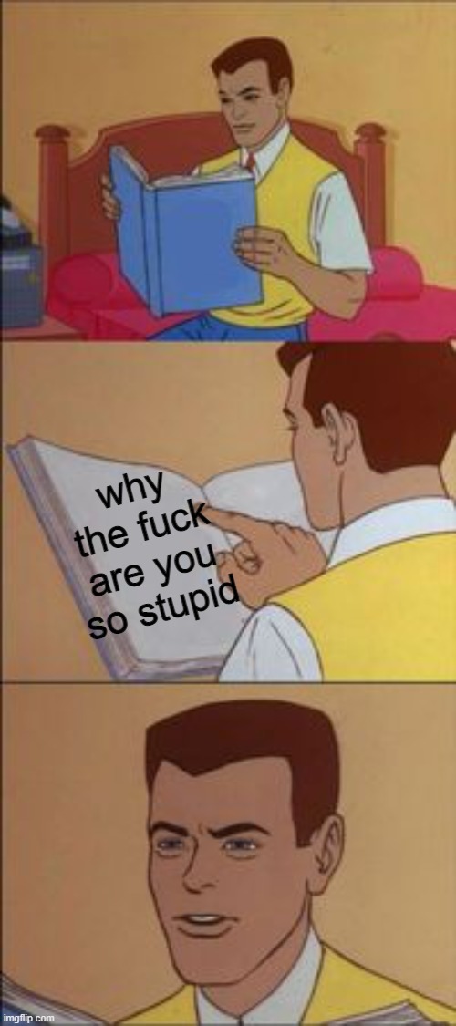Peter parker reading a book  | why the fuck are you so stupid | image tagged in peter parker reading a book | made w/ Imgflip meme maker