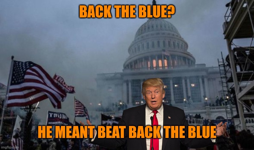 misconstrued coup | BACK THE BLUE? HE MEANT BEAT BACK THE BLUE | image tagged in misconstrued coup | made w/ Imgflip meme maker