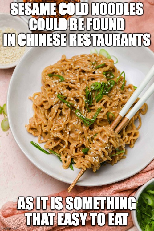 Cold Sesame Noodles | SESAME COLD NOODLES COULD BE FOUND IN CHINESE RESTAURANTS; AS IT IS SOMETHING THAT EASY TO EAT | image tagged in food,memes | made w/ Imgflip meme maker
