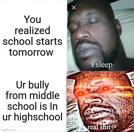 Sleeping Shaq | You realized school starts tomorrow; Ur bully from middle school is In ur highschool | image tagged in memes,sleeping shaq | made w/ Imgflip meme maker