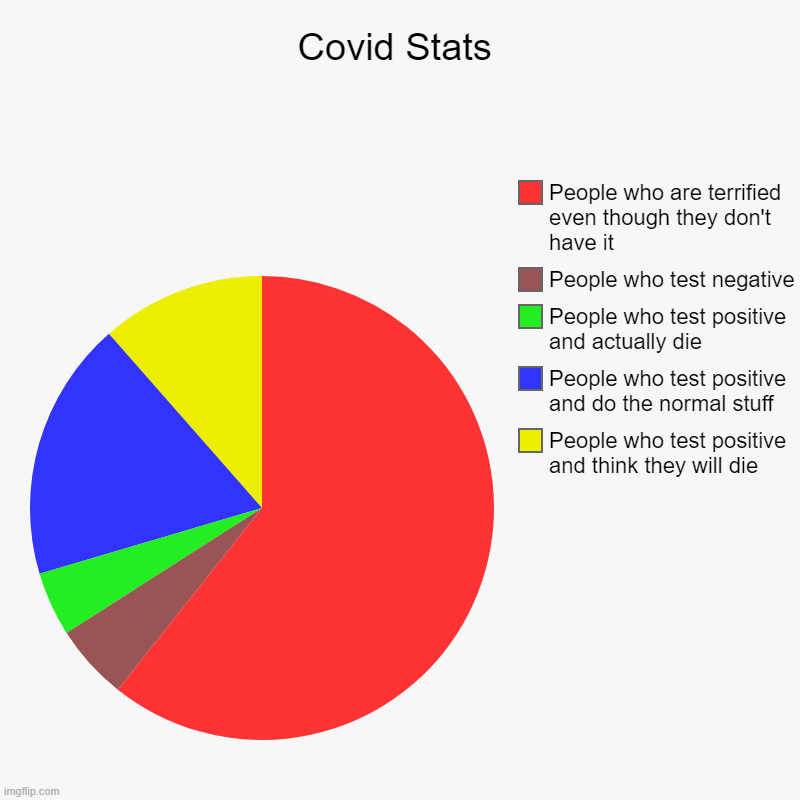 Covid Stats | Covid Stats | People who test positive and think they will die, People who test positive and do the normal stuff, People who test positive a | image tagged in charts,pie charts | made w/ Imgflip chart maker