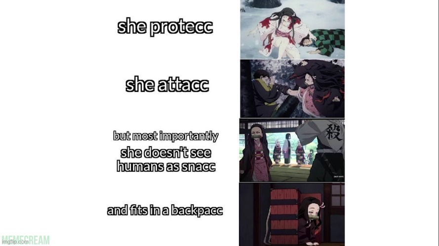 Nezuko in a nutshell | image tagged in nezuko,protecc attacc humans no snacc fit in bacc pacc | made w/ Imgflip meme maker