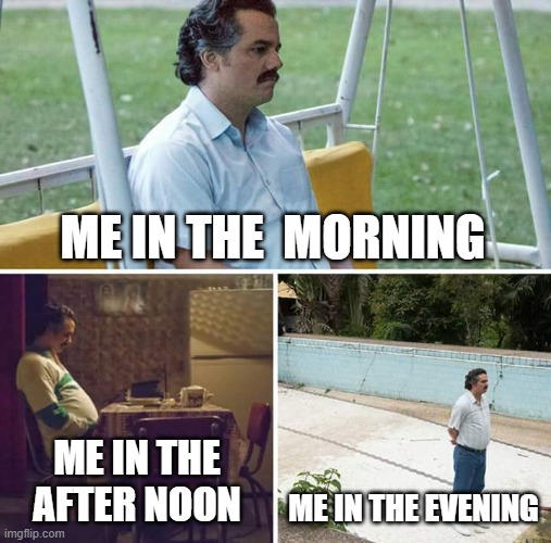 Sad Pablo Escobar | ME IN THE  MORNING; ME IN THE AFTER NOON; ME IN THE EVENING | image tagged in memes,sad pablo escobar | made w/ Imgflip meme maker