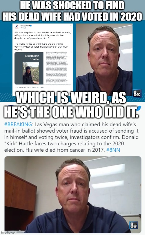 HE WAS SHOCKED TO FIND HIS DEAD WIFE HAD VOTED IN 2020; WHICH IS WEIRD, AS HE'S THE ONE WHO DID IT. | made w/ Imgflip meme maker