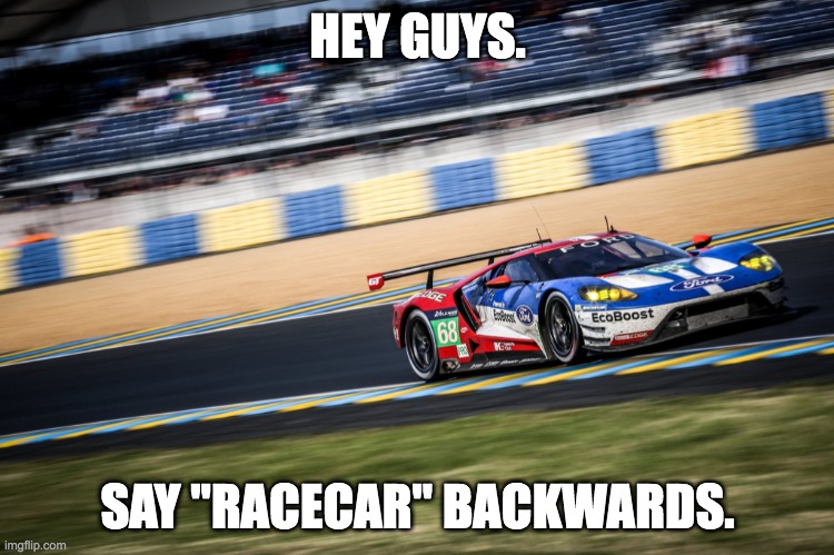 Can you do it? | HEY GUYS. SAY "RACECAR" BACKWARDS. | image tagged in racecar | made w/ Imgflip meme maker
