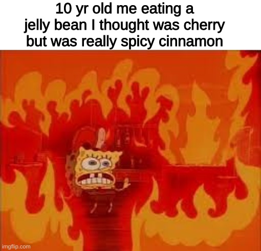 spongebob on fire | 10 yr old me eating a jelly bean I thought was cherry but was really spicy cinnamon | image tagged in memes,funny,funny memes,lol,imgflip,spongebob | made w/ Imgflip meme maker