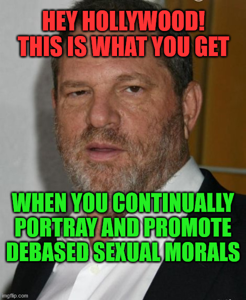 harvey weinstein | HEY HOLLYWOOD! THIS IS WHAT YOU GET; WHEN YOU CONTINUALLY PORTRAY AND PROMOTE DEBASED SEXUAL MORALS | image tagged in harvey weinstein | made w/ Imgflip meme maker