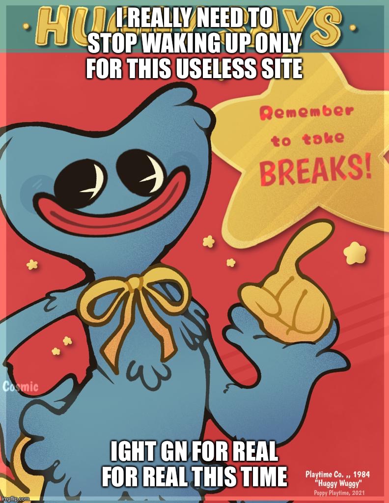 Remember to take breaks! | I REALLY NEED TO STOP WAKING UP ONLY FOR THIS USELESS SITE; IGHT GN FOR REAL FOR REAL THIS TIME | image tagged in remember to take breaks | made w/ Imgflip meme maker