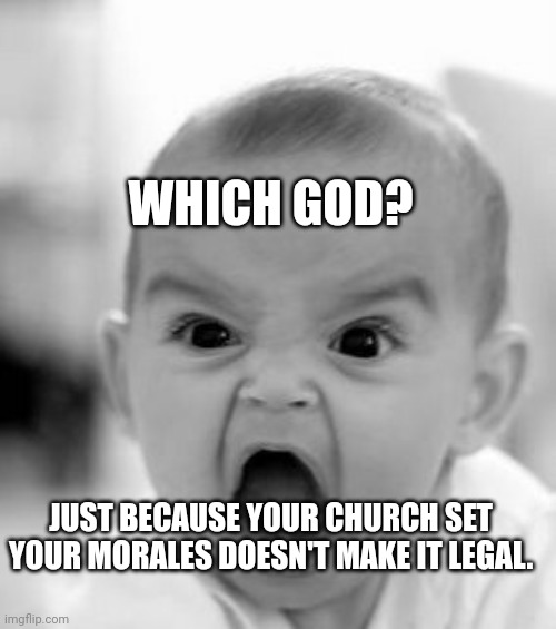 Angry Baby Meme | WHICH GOD? JUST BECAUSE YOUR CHURCH SET YOUR MORALES DOESN'T MAKE IT LEGAL. | image tagged in memes,angry baby | made w/ Imgflip meme maker