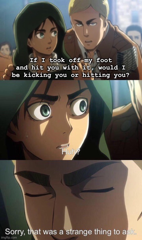 I think hitting.. but what do you think? |  If I took off my foot and hit you with it, would I be kicking you or hitting you? | image tagged in strange question attack on titan,attack on titan,dark humor | made w/ Imgflip meme maker