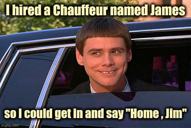Simple pleasures | I hired a Chauffeur named James; so I could get in and say "Home , Jim" | image tagged in lloyd christmas limo,chauffer,drive thru,dammit jim | made w/ Imgflip meme maker