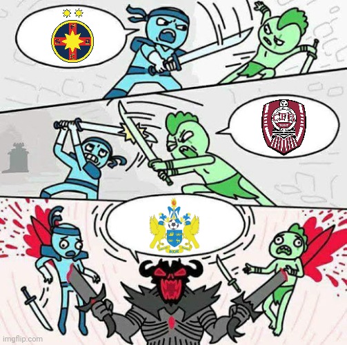 Romanian Liga 1 in 2050 (FCM Bacau strikes back!) | image tagged in sword fight,liga 1,fotbal,bacau,2050,memes | made w/ Imgflip meme maker