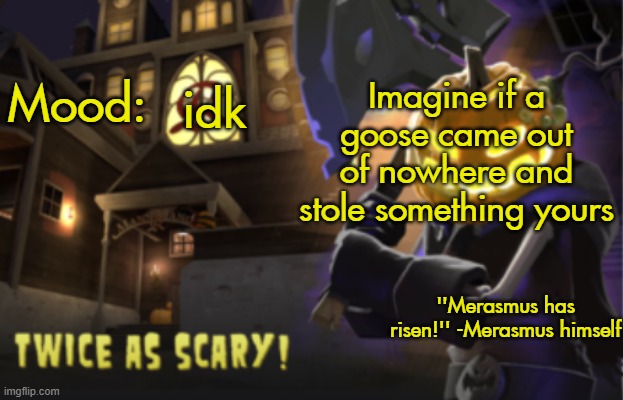 Benjamin's Scream Fortress temp for spooky month | Imagine if a goose came out of nowhere and stole something yours; idk | image tagged in benjamin's scream fortress temp for spooky month | made w/ Imgflip meme maker