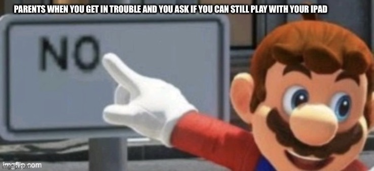 mario no sign | PARENTS WHEN YOU GET IN TROUBLE AND YOU ASK IF YOU CAN STILL PLAY WITH YOUR IPAD | image tagged in mario no sign | made w/ Imgflip meme maker