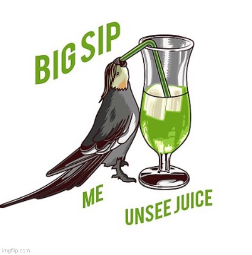 Use the unsee juice cockatiel template: https://imgflip.com/memegenerator/348137114/Unsee-Juice-Cockatiel | image tagged in unsee juice cockatiel | made w/ Imgflip meme maker