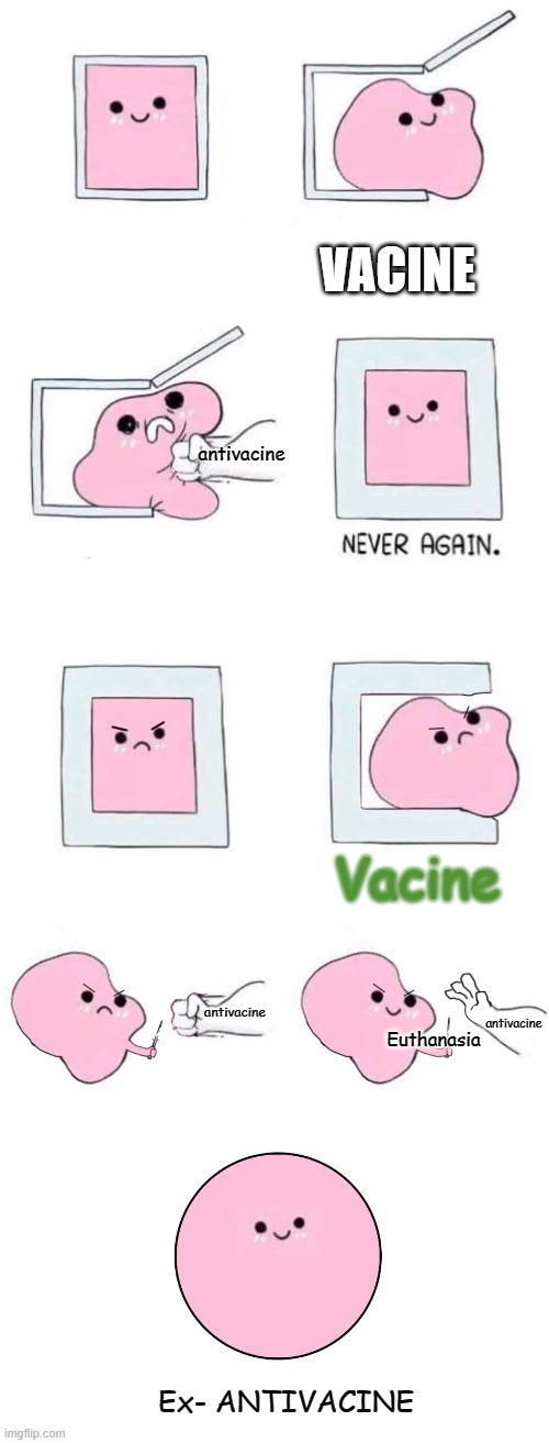 how to make an antivaccination if vaccinate. | VACINE; antivacine; Vacine; antivacine; antivacine; Euthanasia; Ex- ANTIVACINE | image tagged in pink blob in a box with more panels,vacine,antivacine | made w/ Imgflip meme maker