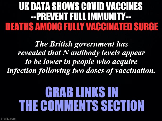 Deaths Among Fully Vaccinated Surge | UK DATA SHOWS COVID VACCINES --PREVENT FULL IMMUNITY--
 DEATHS AMONG FULLY VACCINATED SURGE; DEATHS AMONG FULLY VACCINATED SURGE; The British government has revealed that N antibody levels appear to be lower in people who acquire infection following two doses of vaccination. GRAB LINKS IN THE COMMENTS SECTION | image tagged in covid-19,covid vaccine,antibody,british government,british scientists | made w/ Imgflip meme maker