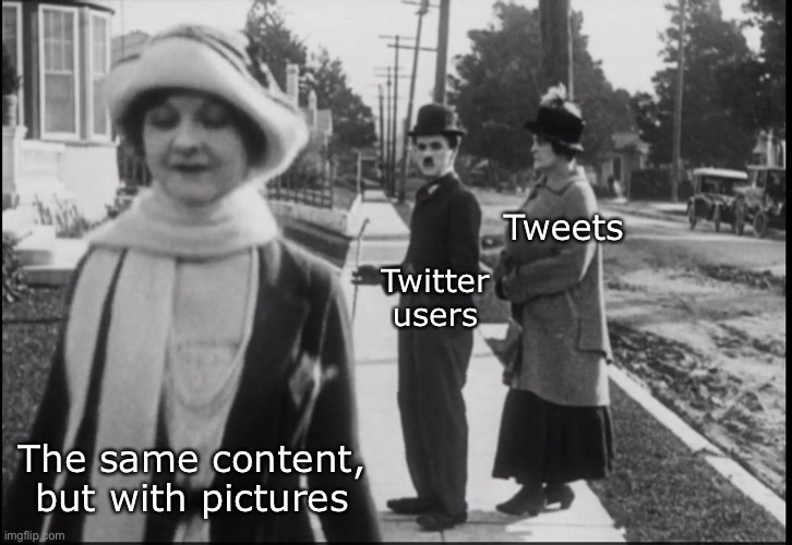 Tweets; Twitter users; The same content, but with pictures | image tagged in distracted boyfriend | made w/ Imgflip meme maker