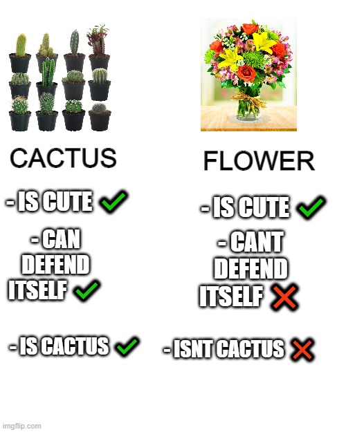 Overpowered i know |  CACTUS; FLOWER; - IS CUTE ✔️; - IS CUTE ✔️; - CAN DEFEND ITSELF ✔️; - CANT DEFEND ITSELF ❌; - IS CACTUS ✔️; - ISNT CACTUS ❌ | image tagged in cactus | made w/ Imgflip meme maker