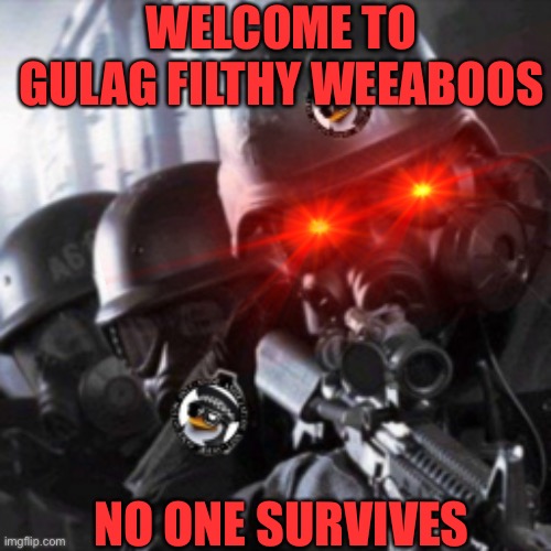 lmao weebs | WELCOME TO GULAG FILTHY WEEABOOS NO ONE SURVIVES | image tagged in a t f | made w/ Imgflip meme maker