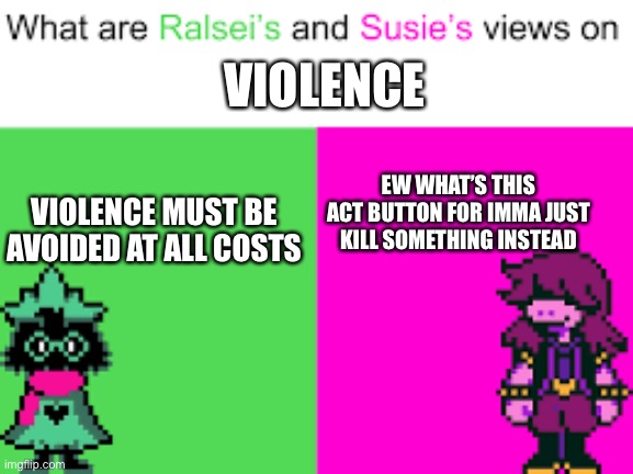 This is true (until a certain point) | VIOLENCE; VIOLENCE MUST BE AVOIDED AT ALL COSTS; EW WHAT’S THIS ACT BUTTON FOR IMMA JUST KILL SOMETHING INSTEAD | image tagged in ralsei and susie | made w/ Imgflip meme maker