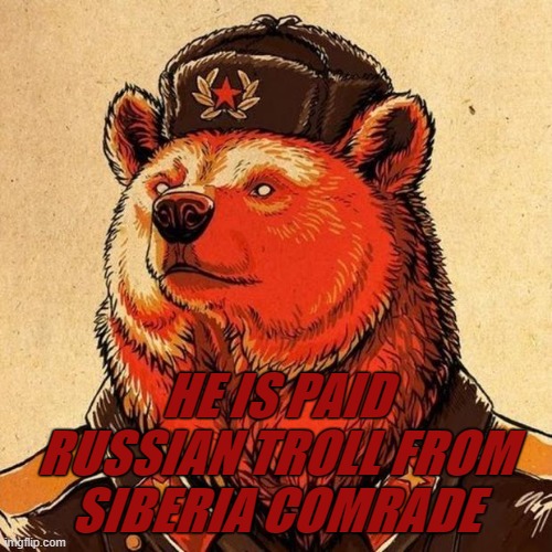 soviet bear | HE IS PAID RUSSIAN TROLL FROM SIBERIA COMRADE | image tagged in soviet bear | made w/ Imgflip meme maker