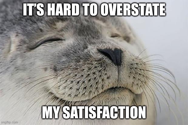 Satisfied Seal Meme | IT’S HARD TO OVERSTATE MY SATISFACTION | image tagged in memes,satisfied seal | made w/ Imgflip meme maker