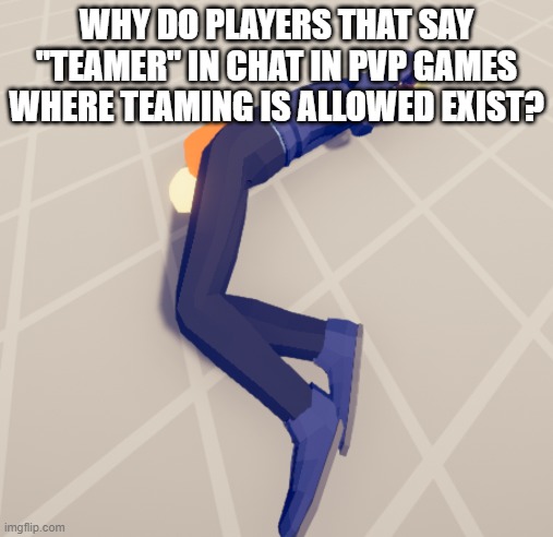 dude can't get up | WHY DO PLAYERS THAT SAY ''TEAMER'' IN CHAT IN PVP GAMES WHERE TEAMING IS ALLOWED EXIST? | image tagged in dude can't get up | made w/ Imgflip meme maker