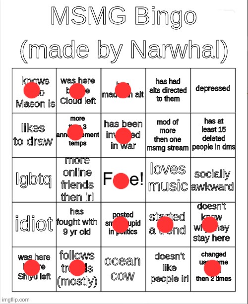 msmg bingo | image tagged in msmg bingo | made w/ Imgflip meme maker