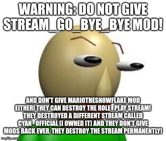 Please, just listen to this! | WARNING: DO NOT GIVE STREAM_GO_BYE_BYE MOD! AND DON'T GIVE MARIOTHESNOWFLAKE MOD EITHER! THEY CAN DESTROY THE ROLE_PLAY STREAM! THEY DESTROYED A DIFFERENT STREAM CALLED CYAN_OFFICIAL (I OWNED IT) AND THEY DON'T GIVE MODS BACK EVER, THEY DESTROY THE STREAM PERMANENTLY! | image tagged in b a l d i | made w/ Imgflip meme maker