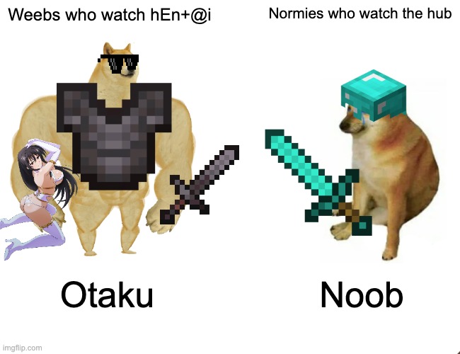 Buff Doge vs. Cheems |  Weebs who watch hEn+@i; Normies who watch the hub; Otaku; Noob | image tagged in memes,buff doge vs cheems | made w/ Imgflip meme maker